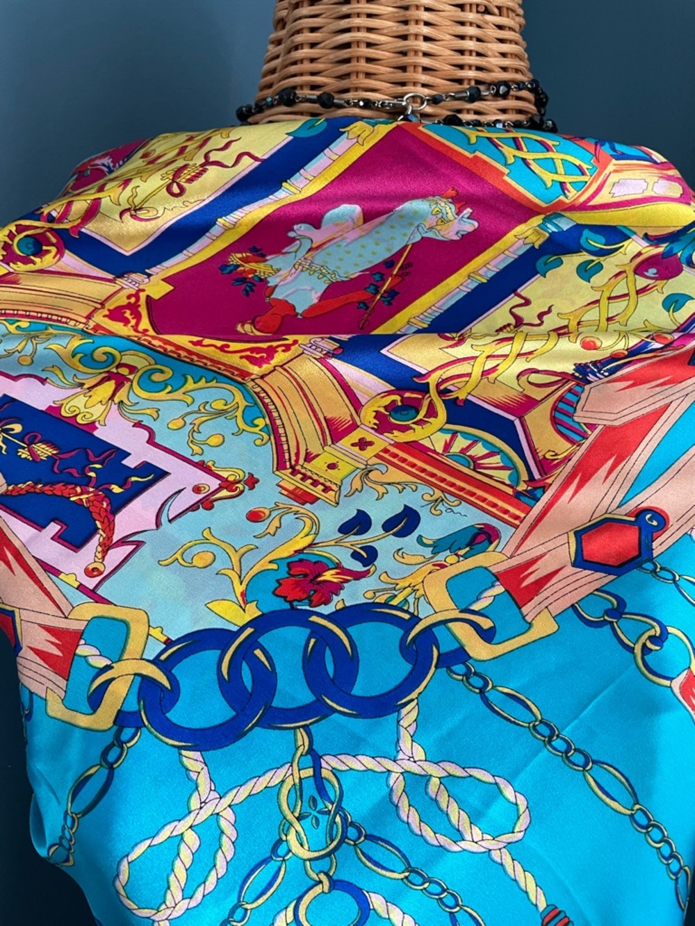 Vibrant Turquoise Silk Scarf with Tassel Print 42 x 42 - Picture 5 of 16